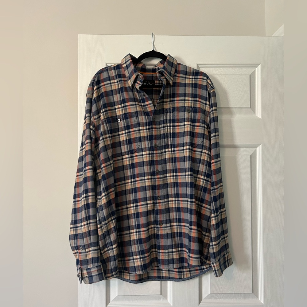Orvis Plaid Men’s Button Up Long Sleeve Shirt, Blue/orange/Multi, L, like-new